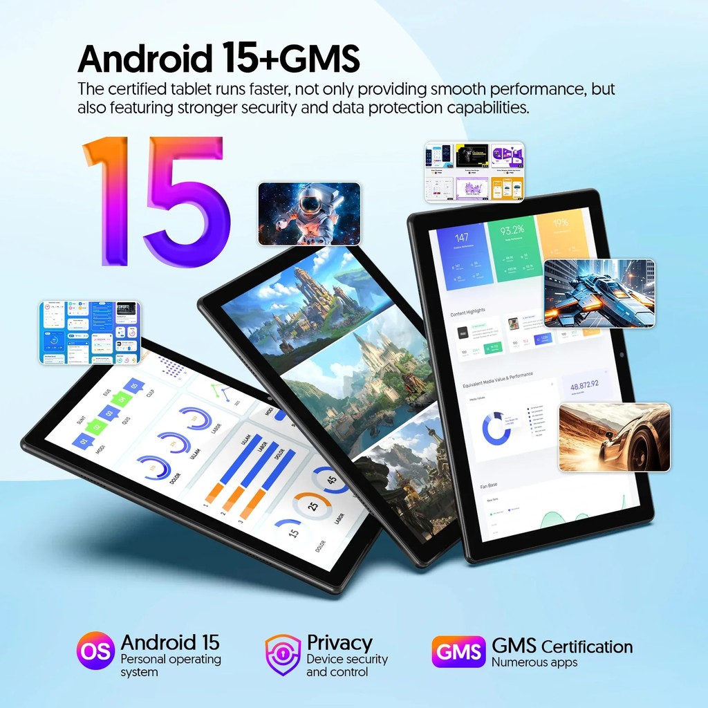 BAKEN 10-inch Android 15 tablet, quad-core processor, 12GB (3+9 expansion) RAM + 64GB storage, 5G