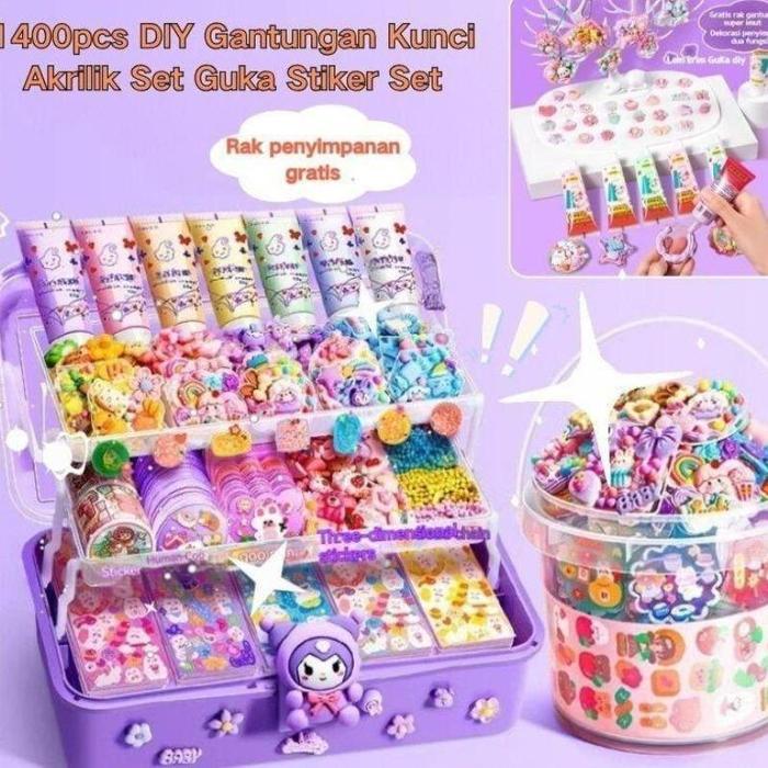 DIY Gantungan Kunci Akrilik Set Mainan Cream Guka Set DIY Guka Set Stiker Kartu Kotak Cream Gum Guka