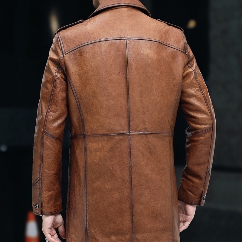 . Coat Sheepskin Trench Mens Genuine Leather Long Turn-Down Collar -