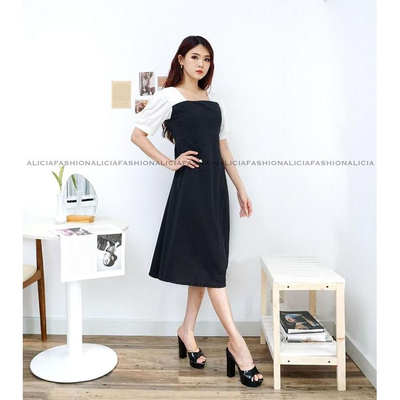 DresQuu- Alicia Midi Dress Laura Korean Leher Kotak Casual Panjang Wanita