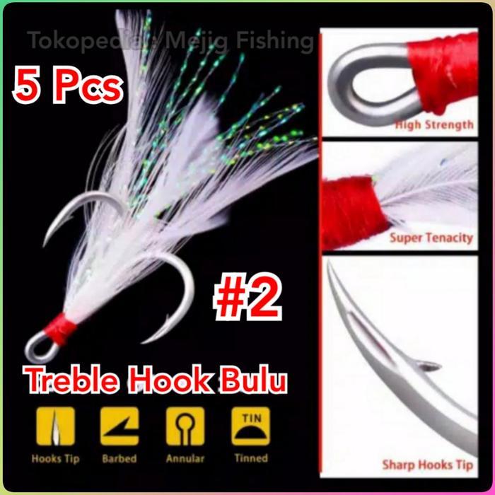 Treble Hook Bulu No.2 Untuk Spoon Lure 30Gr 40Gr Jig 40Gr 60Gr