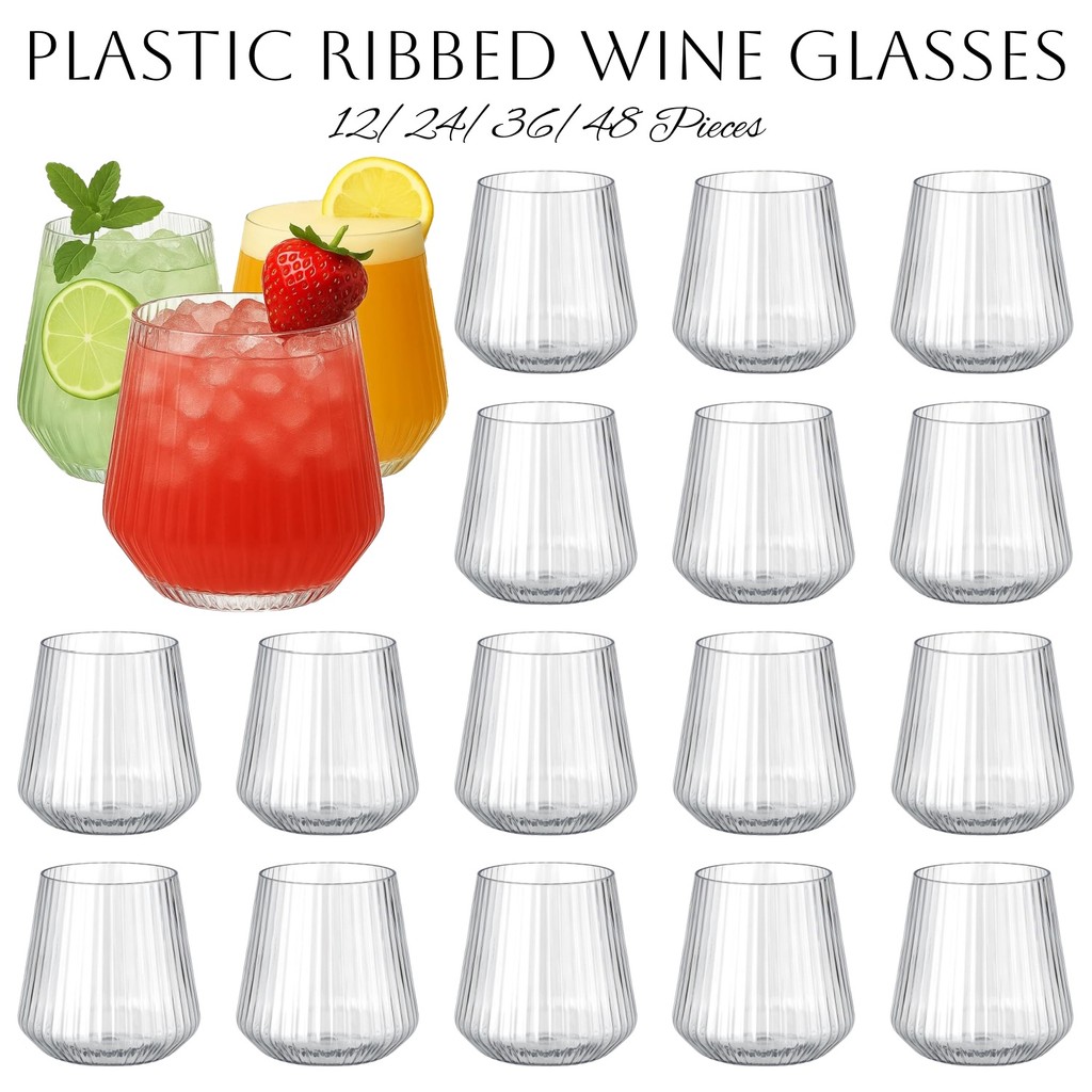 12-48Pcs 14oz Plastic Ribbed Wine Glasses Disposable Stemless Wine Glasses Plastic Cocktail Glasses
