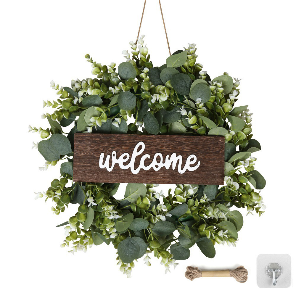 13'' Artificial Eucalyptus Wreath with Welcome Sign Green Eucalyptus Leaf Greenery Spring Wreath for