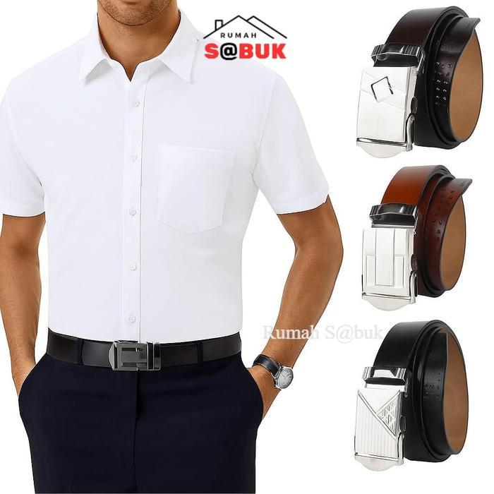 IKAT PINGGANG BELT FASHION PRIA BAHAN KULIT / BAHAN KULIT - TV-7 Gesper Besi Hitam