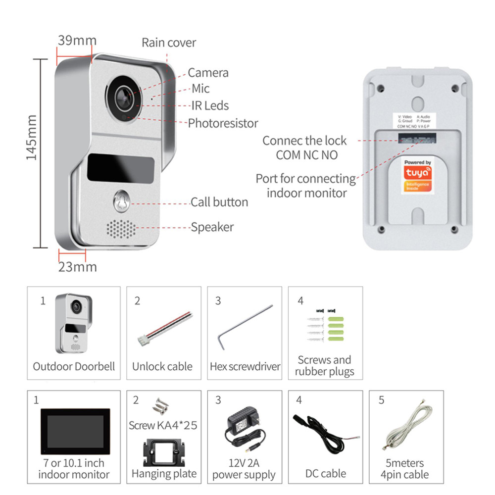 . Kit Interkom Rumah 7 Inci 1080P Wifi Kit Interkom Rumah Bel Pintu -