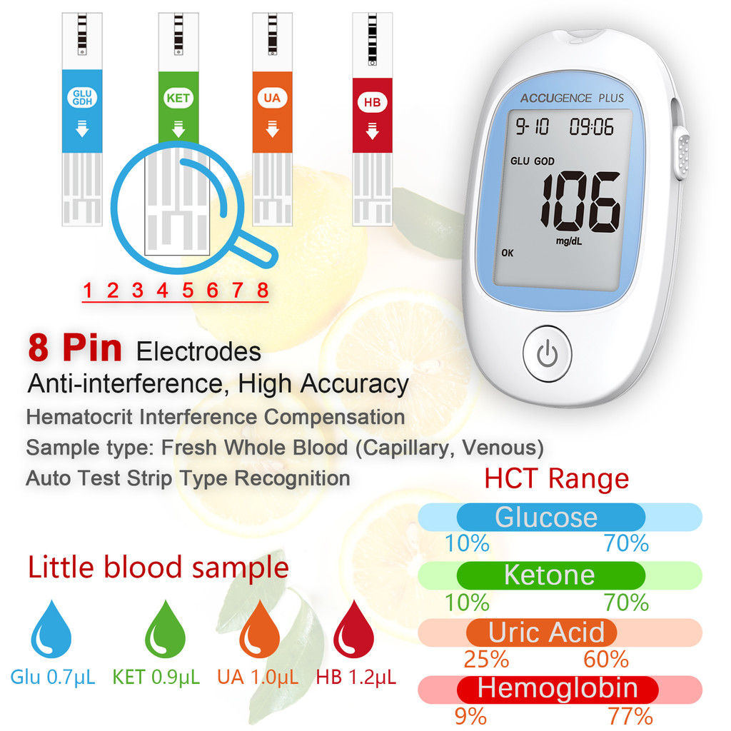 4 in 1 Multifunction Monitor Hemoglobin Blood Ketone Glucose Uric Acid Meter Test Strip HB Anemia