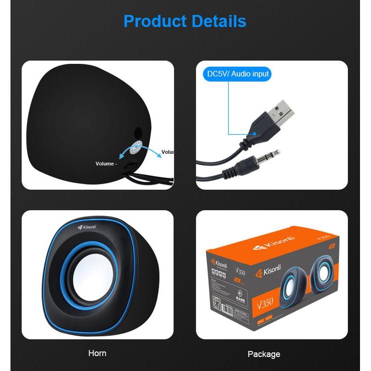 Kisonli - Speaker 2.0 Pc Laptop / Komputer V350 Biru Jam Pasti Ori