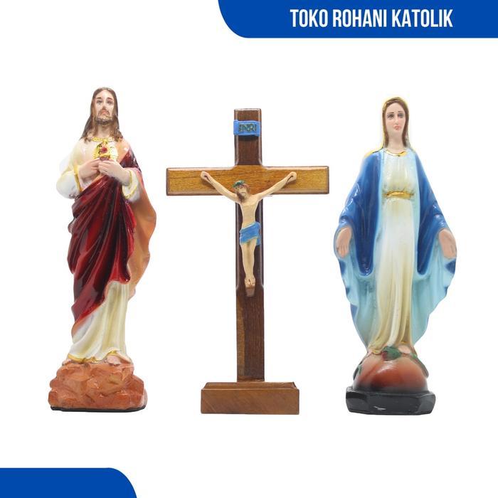 PAKET PATUNG MARIA, YESUS + SALIB DUDUK 20 CM / SALIB MEJA KATOLIK / SALIB PATUNG YESUS / PATUNG