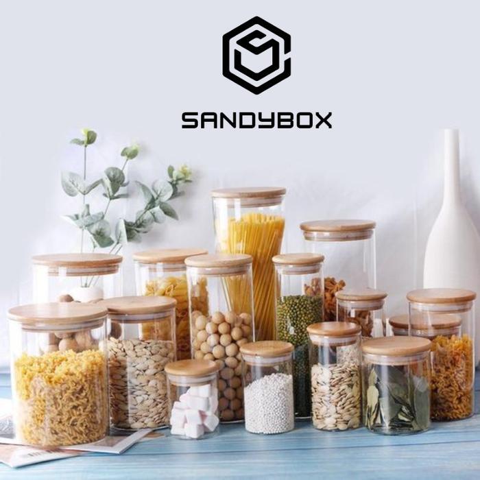 Toples kaca Tutup Kayu Toples Bumbu / Snack / Toples bulat