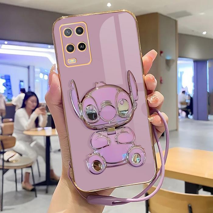 Ketubruk_ Case For Oppo A54 4G Silicon Dudukan Miror Cute Stich Plating