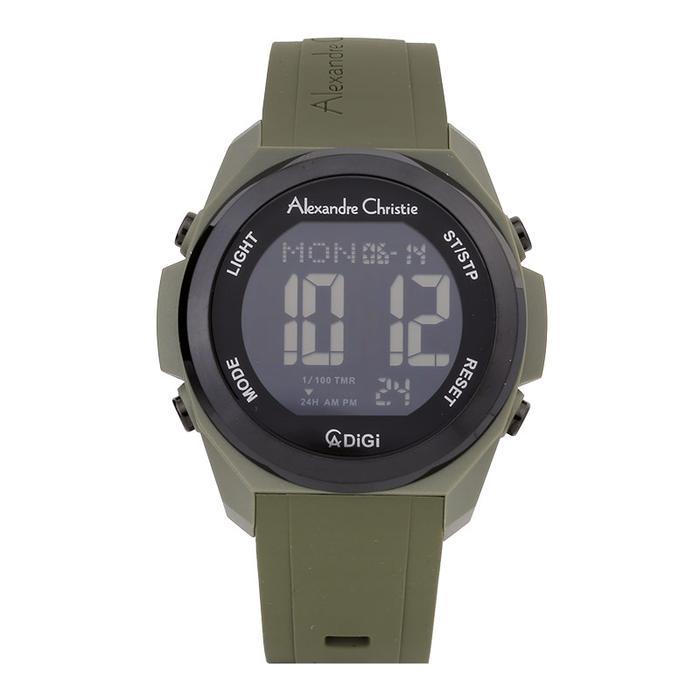 JAM TANGAN PRIA ALEXANDRE CHRISTIE DIGI AC 9342 MH RIGBAGN MEN BLACK DIGITAL DIAL GREEN RUBBER STRAP