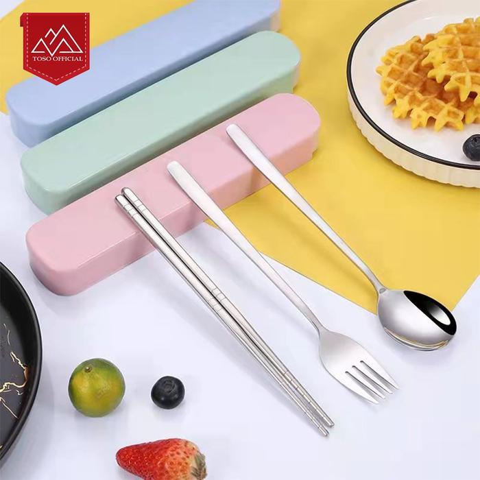 Paket Sendok Garpu Sumpit Stainless Makan Cutlery Set Traveling + Box