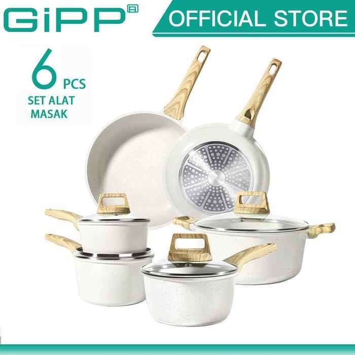 GiPP Peralatan Masak Set 6 PCS Dengan Gagang Lepas Pasang Memudahkan Penyimpanan Pelapis keramik