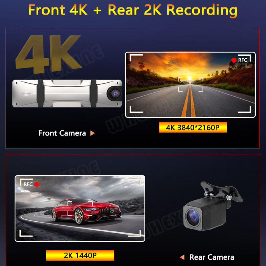 . Wifi 4K+2K 12 Inch Rear View Mirror Dash Cam Camera 3840*2160P Car Dvr Gps Tracker Video Recording