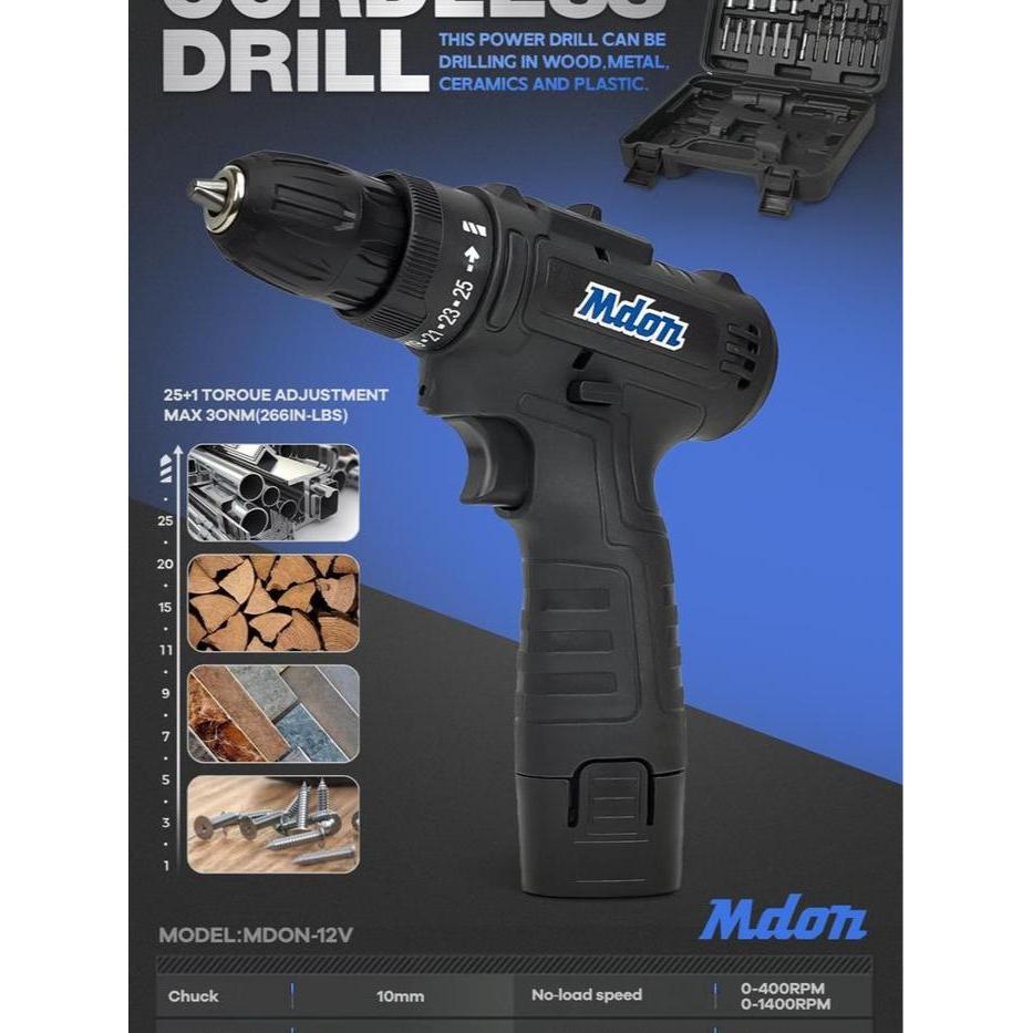 Mdon Biru 12V Set Bor Obeng Bor 2 Baterai 12 Volt Charger Cordless Drill Charging Kayu Besi