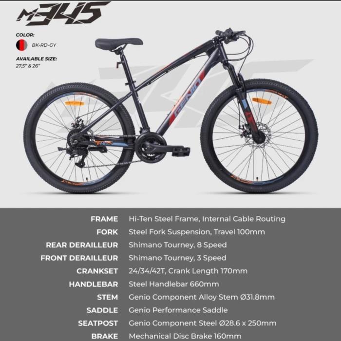 Sepeda MTB 27.5 inch/ 26 inch Genio M 345 Sepeda Gunung Remaja Dewasa - BK-RD-GY, 26
