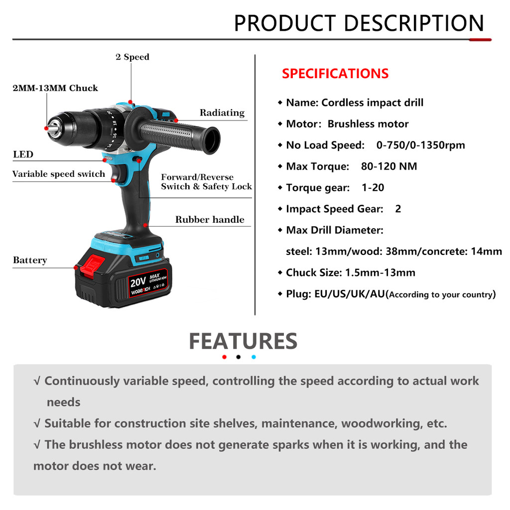 . Bor Elektrik 2-13Mm Tanpa Sikat Bor Impact Tanpa Kabel Obeng -