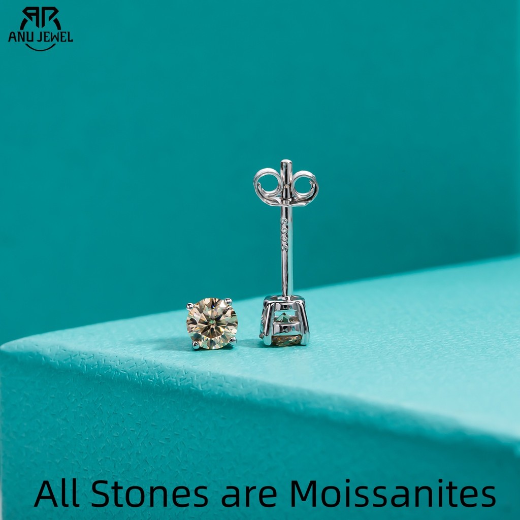 AnuJewel 4mm Champagne Moissanite Classic Stud Earrings 925 Sterling Silver 18k Gold Plated Earrings