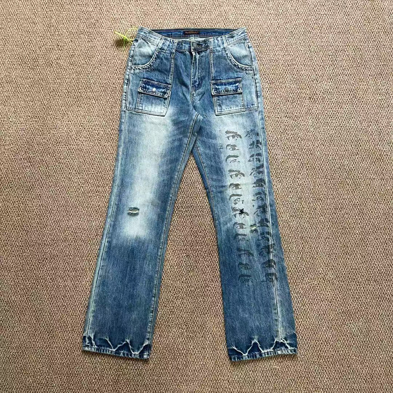 High Quality Undercover Eye Print Jeans Hole Damaged Trousers Men Women Washed Distressed Straight