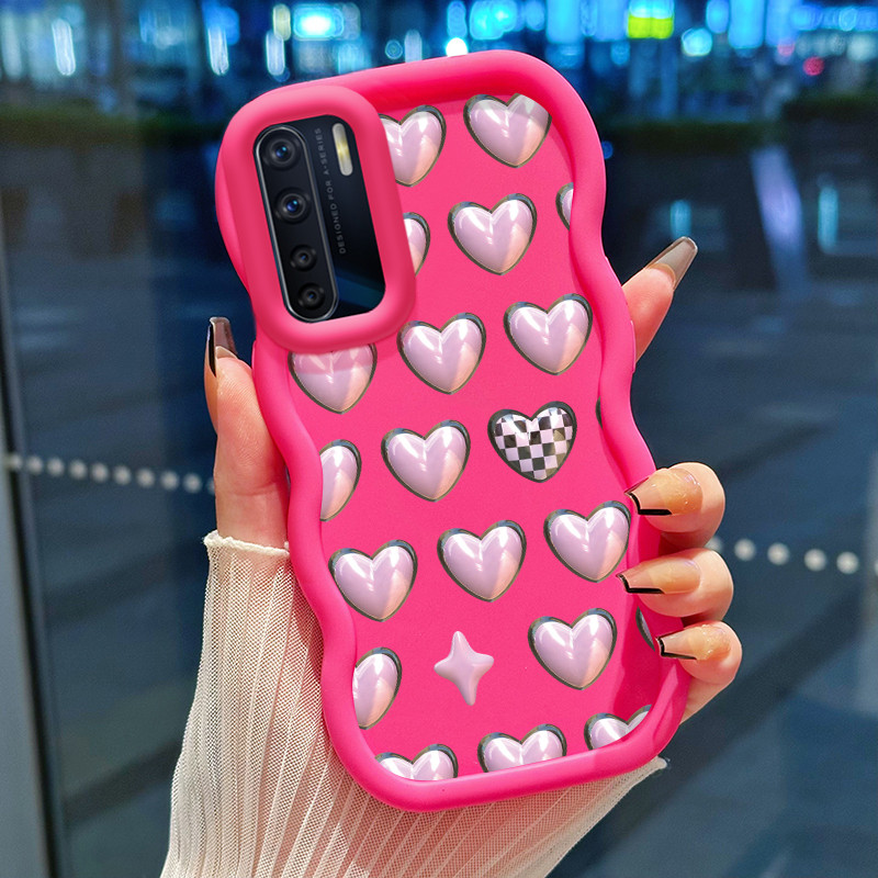 Casing Hp Untuk OPPO A91 F15 Reno 3 Case 3D Pink Heart Image Cesing Polos Kasing Macaron gelombang K