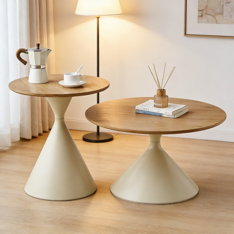 Modern Round Coffee Table Set 2 Pieces Conical Base Pedestal Minimalist Side Table and Coffee Table