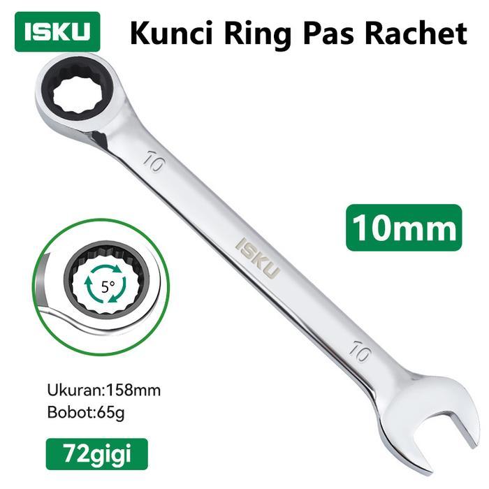 ISKU KUNCI RING PAS RACHET 10 MM BESI TAHAN KARAT BAHAN CHROME VANADIUM STEEL 72 GIGI KUNCI RING PAS