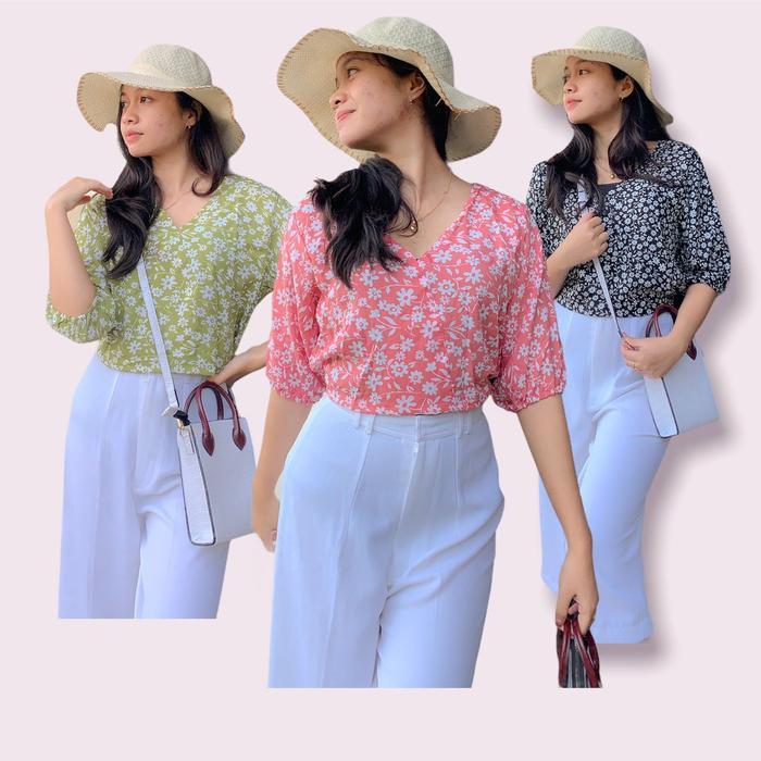 Lili Sabrinaa Bunga // Baju Sabrina Karet Rayon Wanita