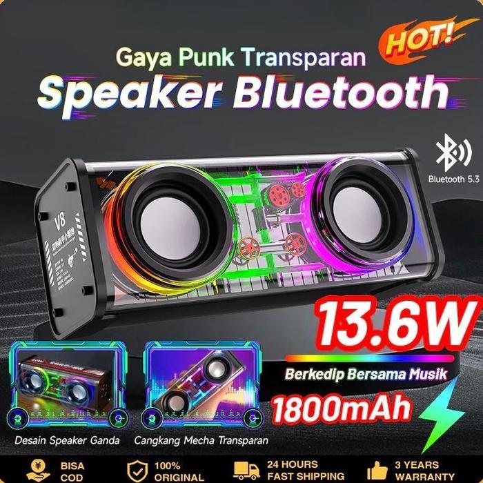 Speaker Bluetooth Cyberpunk V8 dengan Lampu RGB LED Mecha Transparan Bluetooth 5.3 TWS Musik Bass *