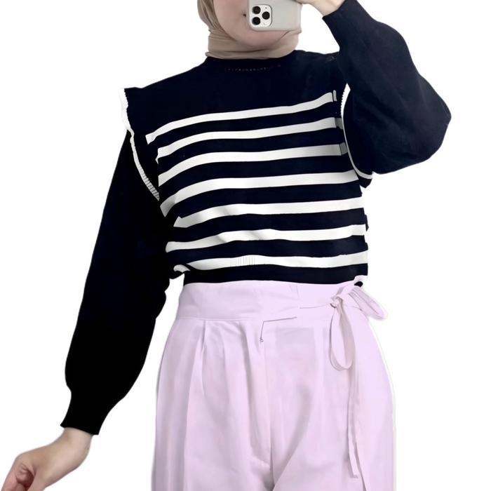 ATASAN RAJUT WANITA LENGAN BALON KNIT TOPS Baju Knitwear Garis Motif Hitam Putih