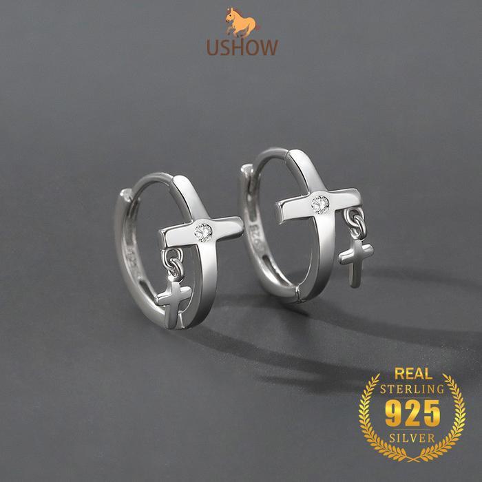 USHOW Anting Salib Ganda Perak S925 Pria