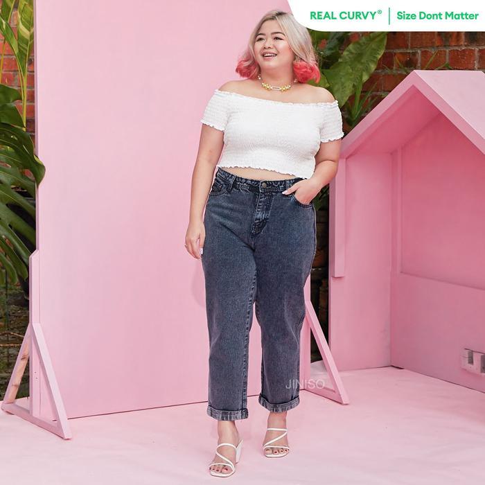 Terlaris JINISO REAL CURVY - 1304 Jumbo Boyfriend Highwaist Celana Jeans Wanita Warna Black Acid