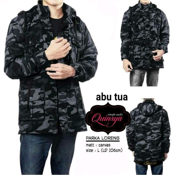 Parka Loreng Hitam Jaket Parka Loreng Hitam Abu Bahan Kanvas Tebal dengan Hoodie Lepas Pasang untuk 