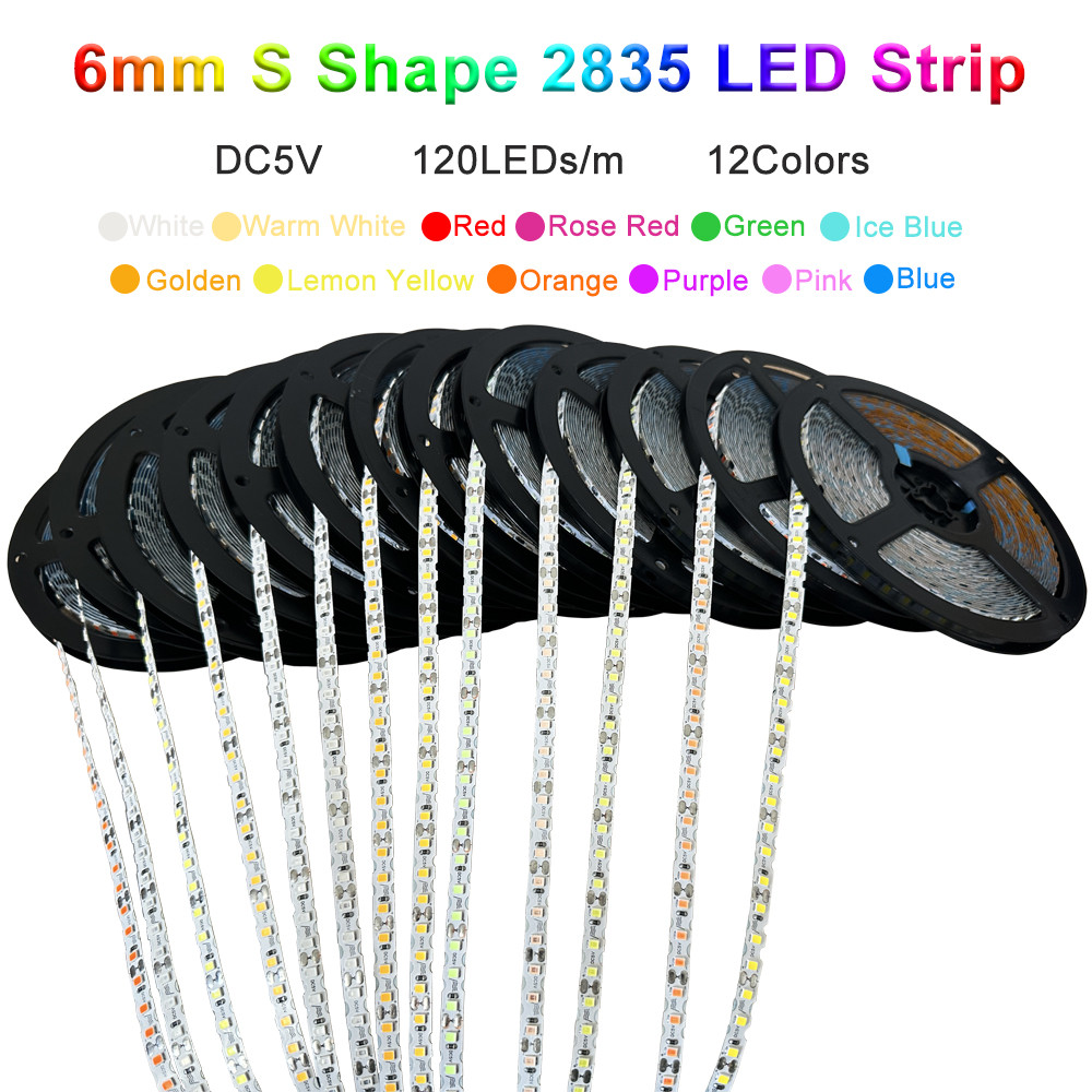 DC5V S Shape 2835 SMD LED Strip 6mm Width Bendable 120LED/m Flexible Foldable String Light DIY Neon