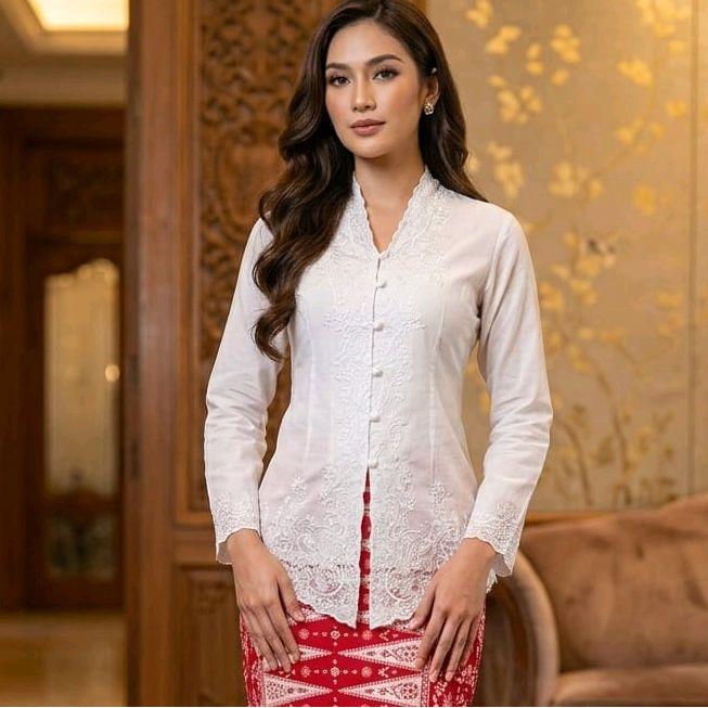 Kebaya Encim Atasan Putih Polos Bordir Senada Putih Dan Hitam
