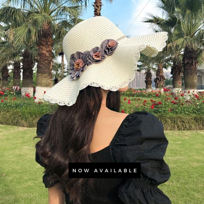 Topi Jerami Wanita Bergelombang / Topi Pantai Cantik Bunga Pink Khaki