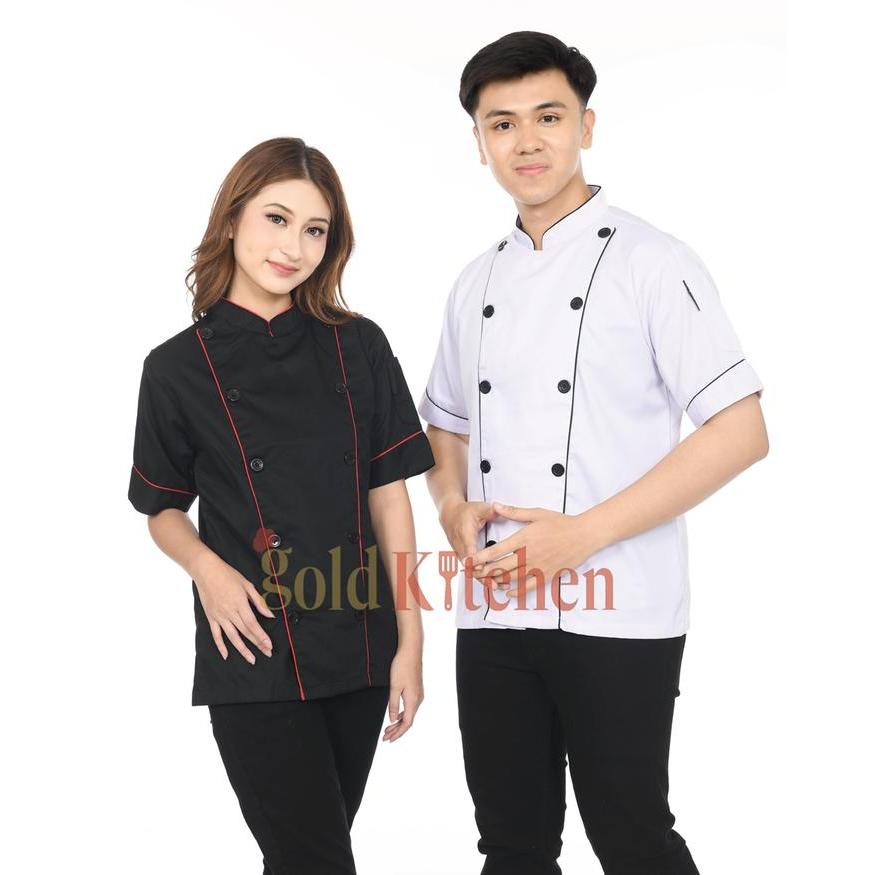 READY Baju Koki Chef Jacket Baju Chef Seragam Koki Pria Wanita Lengan Pendek Gold Kitchen Biru Hitam