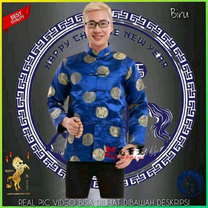 Baju Tradisional Cina Imlek Pria Kemeja Cheongsam Laki Laki Dewasa Biru