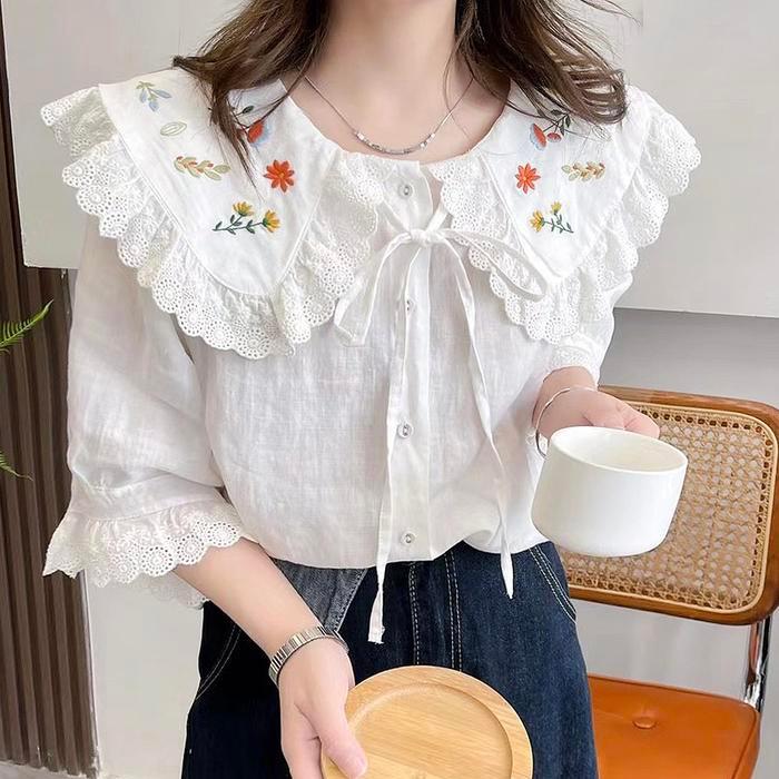 Blus Linen Premium Pink Putih Oversized Kerah Lebar Collar Bordir Bunga Renda Korea Import