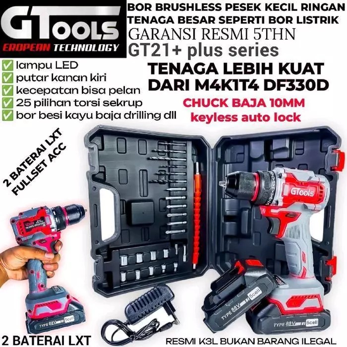 ORIGINAL GTOOLS BOR BRUSHLESS TYPE GT21+ PLUS 10MM KEYLESS 2BATERAI 88vf LXT MESIN BOR SET GTOOLS