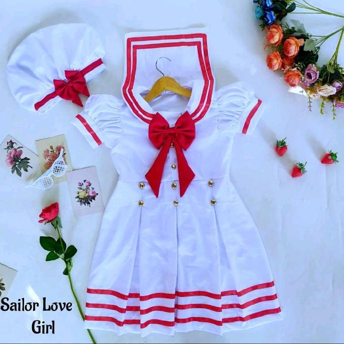TERUJI KOSTUM SAILOR ANAK TEMA WARNA PUTIH KOMBINASI MERAH/KOSTUM ANAK PEREMPUAN/KOSTUM BAYI/KOSTUM