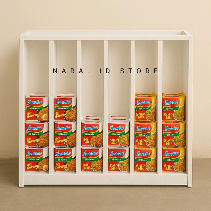 RAK DISPLAY MIE INSTAN KAYU JATI BELANDA 2 SLOT - 6 SLOT PUTIH PUTIH DAN NATURAL PLITUR KOKOH