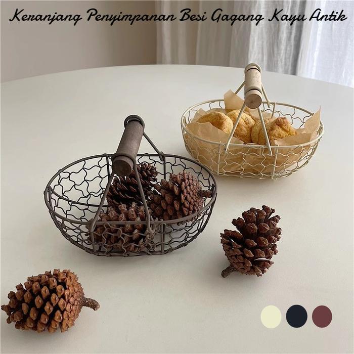 Keranjang Penyimpanan Besi Gagang Kayu Antik Keranjang Buah Besi Keranjang Buah Kecil Creative