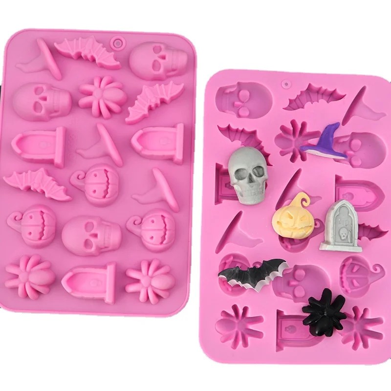 18 Cavities Halloween Scary Silicone Mold Hat Skull Tomb Bat Pumpkin Spider Chocolate Gummy Mould