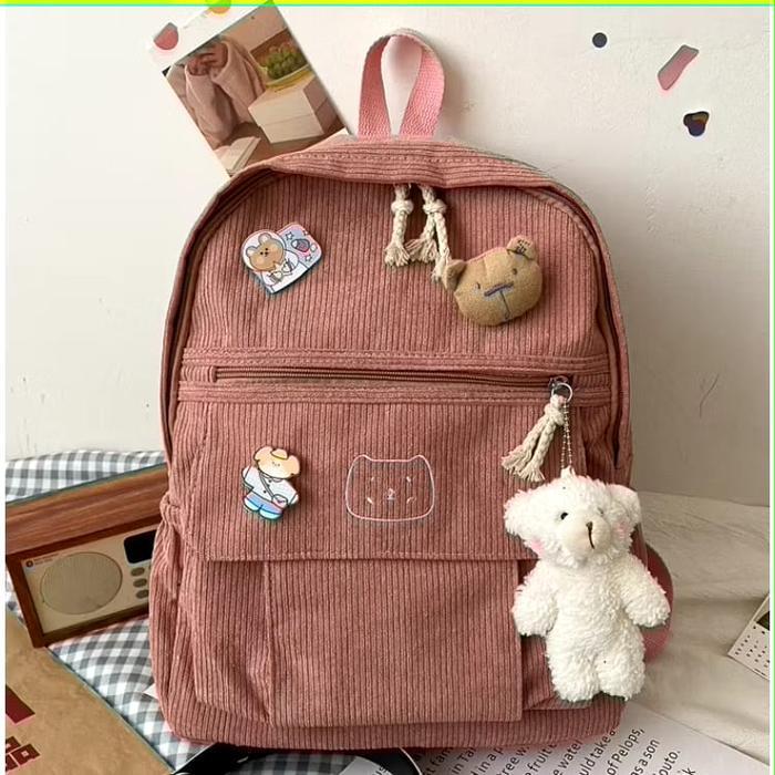 Ransel Sekolah Corduroy Tas ransel corduroy motif beruang gaya korea untuk wanita dan anak perempuan