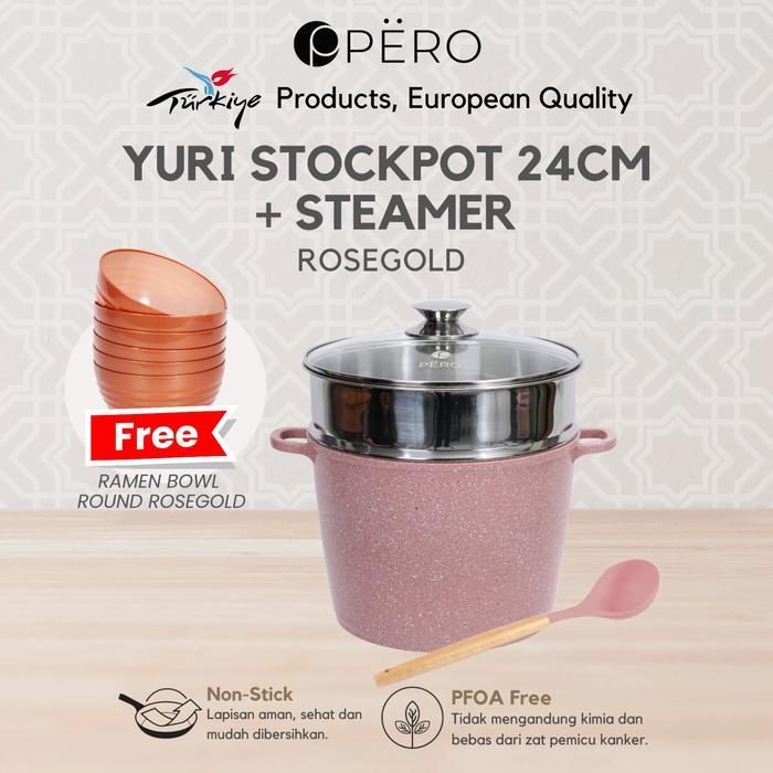 ` [KOKO PANCI] Pero Yuri Stockpot 24cm + Steamer Rosegold FREE Ramen Bowl Round / Panci Granite Anti