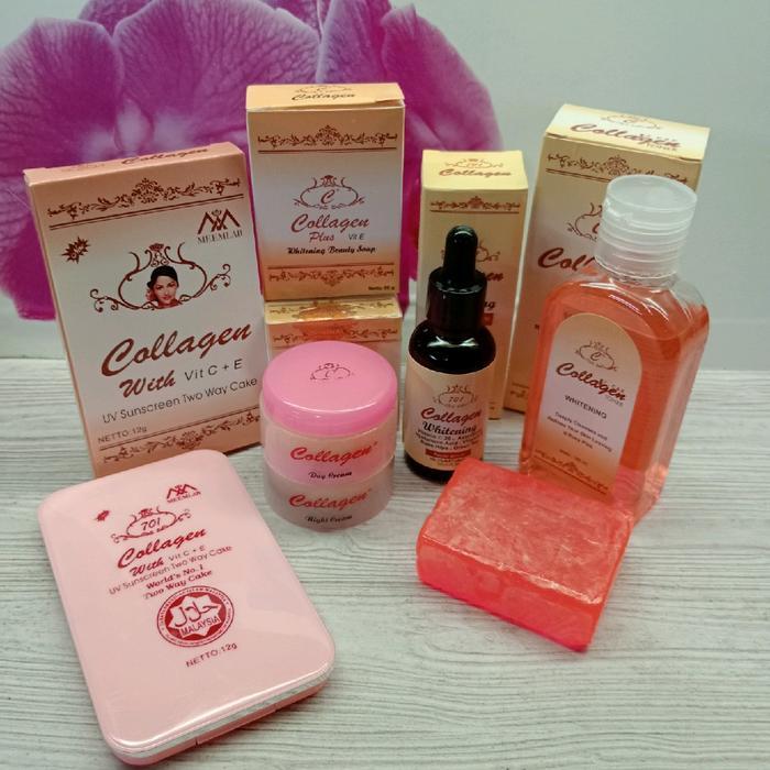 Paket Lengkap Cream Collagen 6In1- Mencerahkan Wajah - Sabun Serum Toner Cream Siang Malam Bedak -