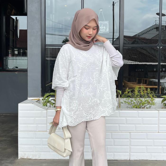 Raia Kaftan Outer Bordir - Kaftan Lebaran - Outer Kaftan-Baju Bordir Wanita Katun Muslim Putih