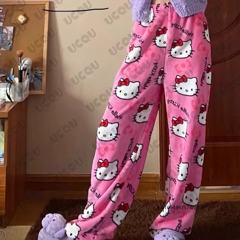 Autumn Winter Cartoon Hello Kitty Print Flannel Pajamas Pants For Women Y2K Anime Couple Sleepwear