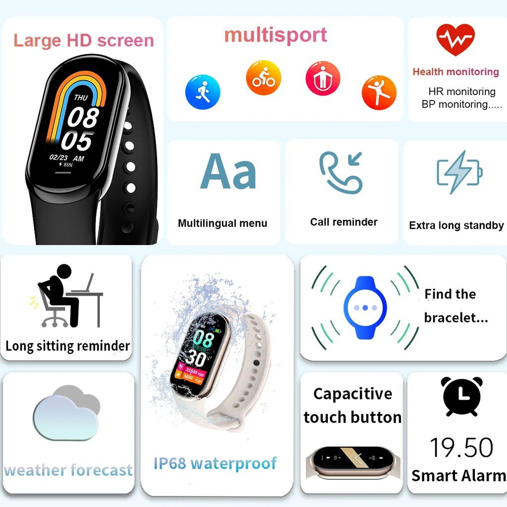M8 Smart Watch Men Women Fitness Sports Smart Band Fitpro Version Bluetooth Music Heart Rate Take