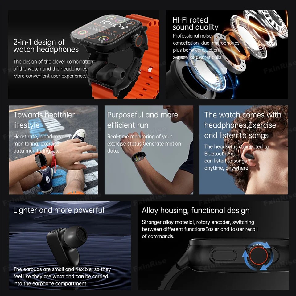 2-in-1 smartwatch GT8 full screen touch Bluetooth with headphones smartwatch heart rate and blood